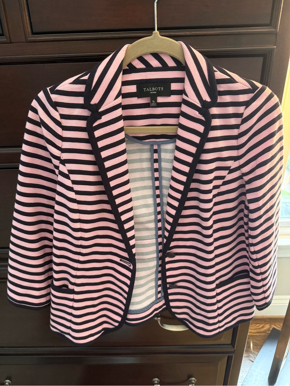 Talbots Pink and Navy Striped Knit Blazer